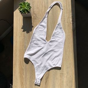 White Deep V Thong Bodysuit
